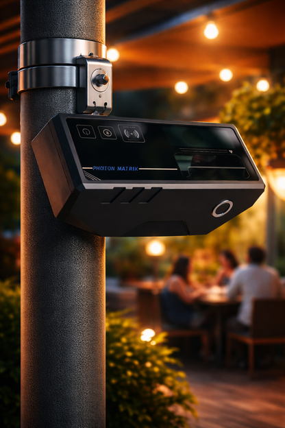 Photon Matrix mounted on a pole with people sitting at a table in the background.