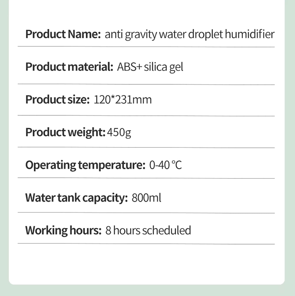 Product details of an anti-gravity water droplet humidifier on a green background