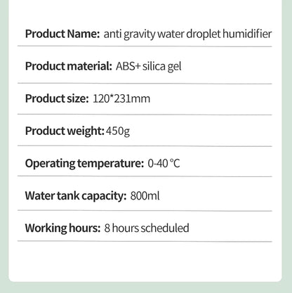 Product details of an anti-gravity water droplet humidifier on a green background