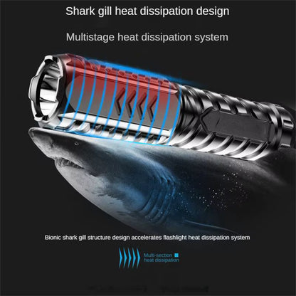 Flashlight with shark gill heat dissipation design on a dark background