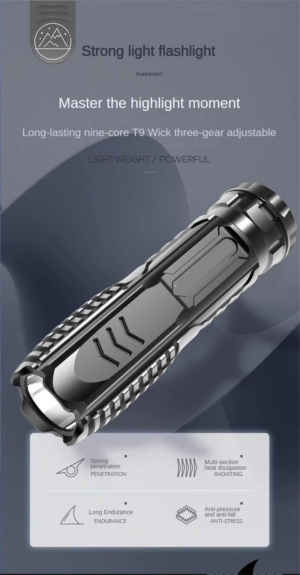 Strong light flashlight with text on a dark background