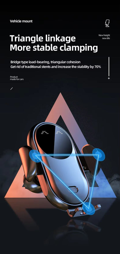 phone charger mount with triangle linkage design on a dark background