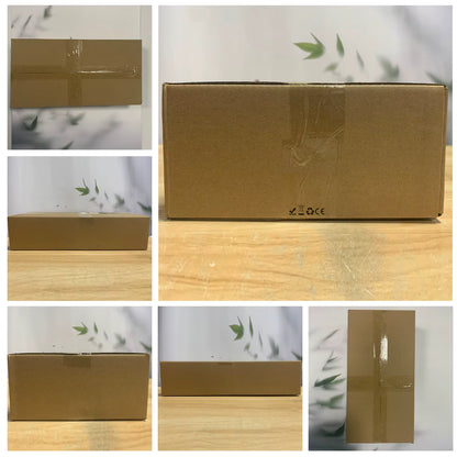 Collage of a brown cardboard box on a wooden surface with a white background featuring green leaves.