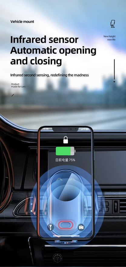 Infrared sensor vehicle phone mount with automatic opening and closing feature, displayed in a car interior.