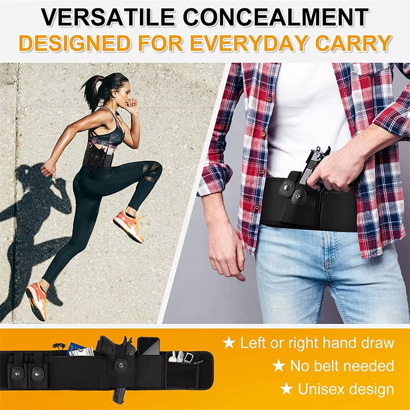 Person with a gun holster on a belt, running woman in the background, text about versatility and concealment.