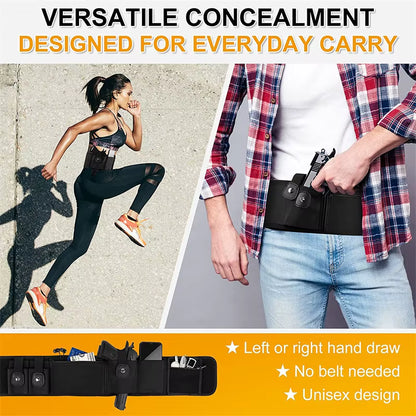 Person with a gun holster on a belt, running woman in the background, text about versatility and concealment.
