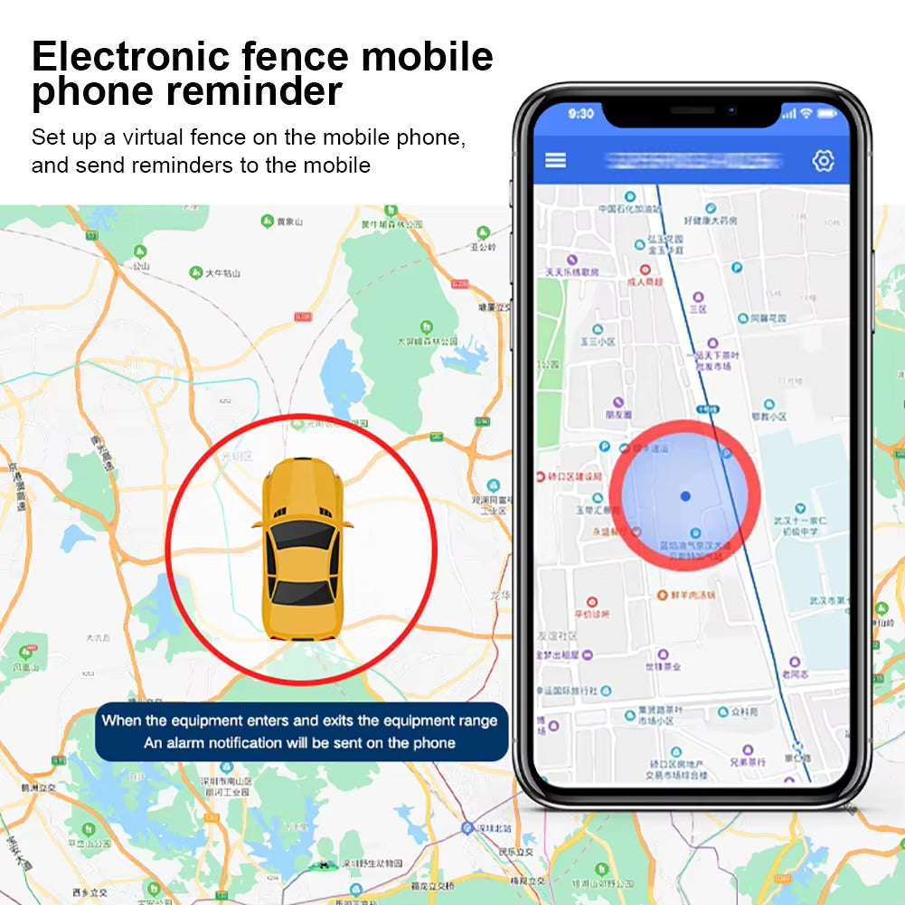 Phone app displaying electronic fence on map with car icon and red circle, text explains reminder system.