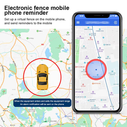Phone app displaying electronic fence on map with car icon and red circle, text explains reminder system.