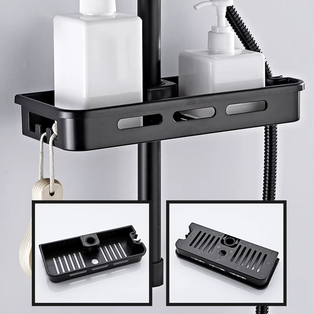 Black shower caddy with additional components on a gray background