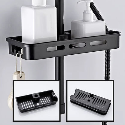 Black shower caddy with additional components on a gray background