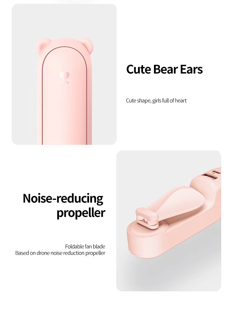 Pink fan with bear ears and noise-reducing propeller on a white background