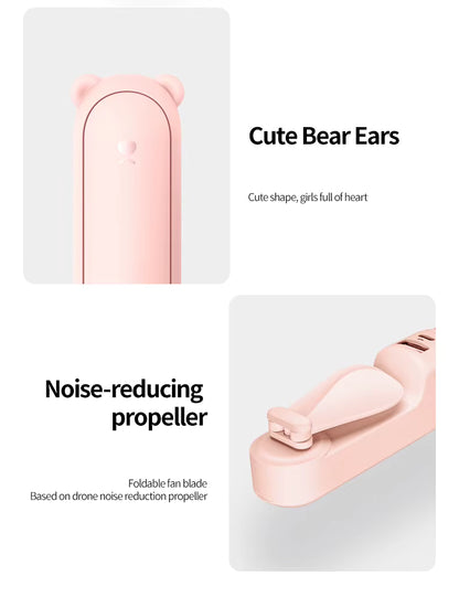 Pink fan with bear ears and noise-reducing propeller on a white background