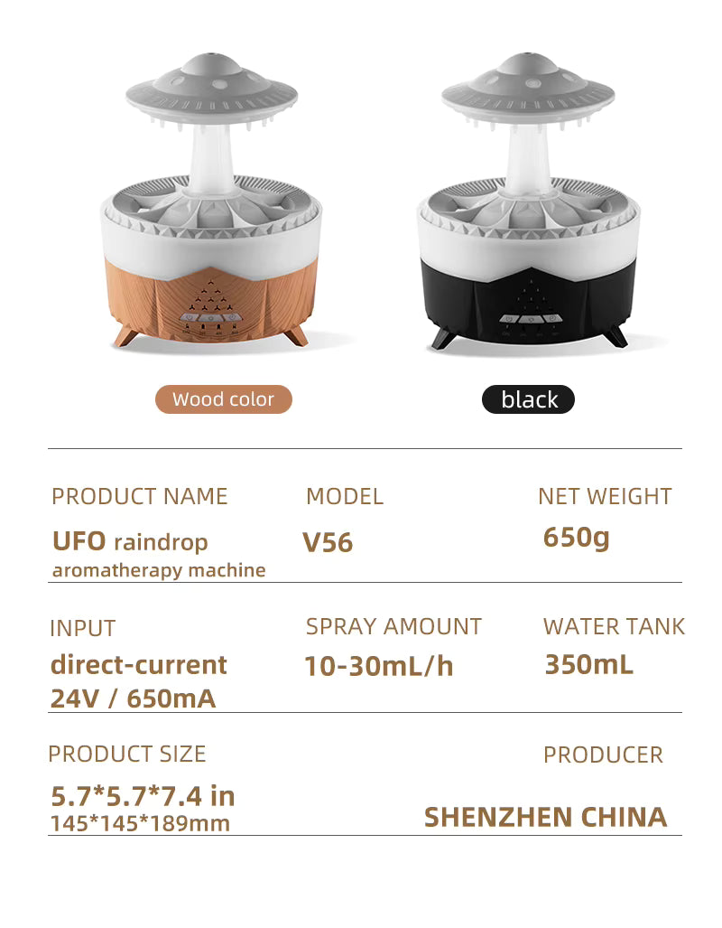 UFO raindrop aromatherapy machine with color options and specifications on a white background