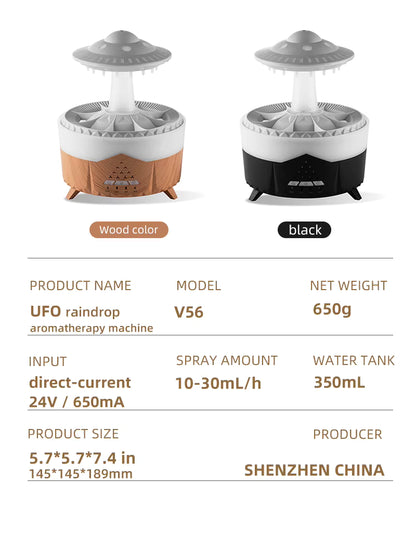UFO raindrop aromatherapy machine with color options and specifications on a white background
