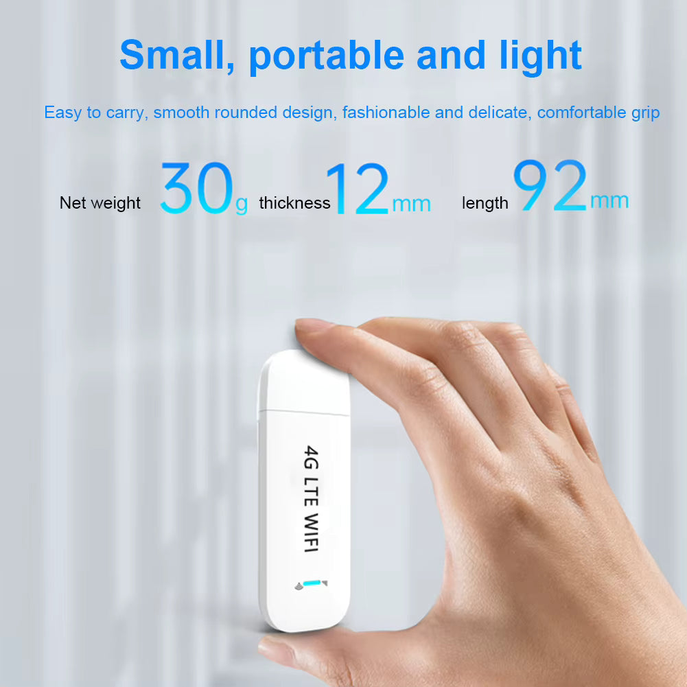 Hand holding a small white 4G LTE WiFi device with specifications on a light gray background