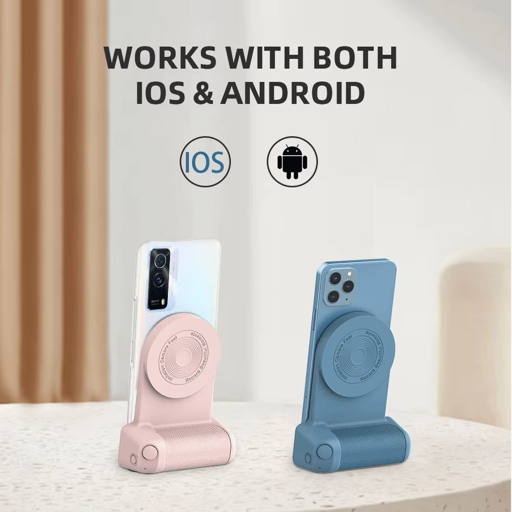 Two phone holders, one pink and one blue, on a white surface with text indicating compatibility with both iOS and Android.
