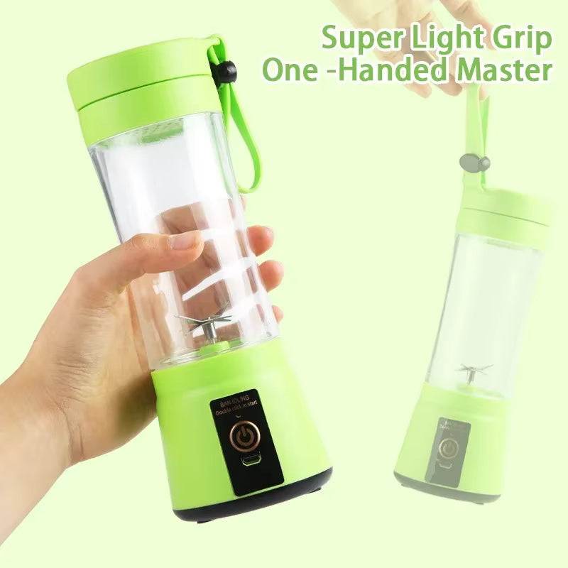 Green portable blender held by a hand with text 'Super Light Grip One-Handed Master' on a light green background.