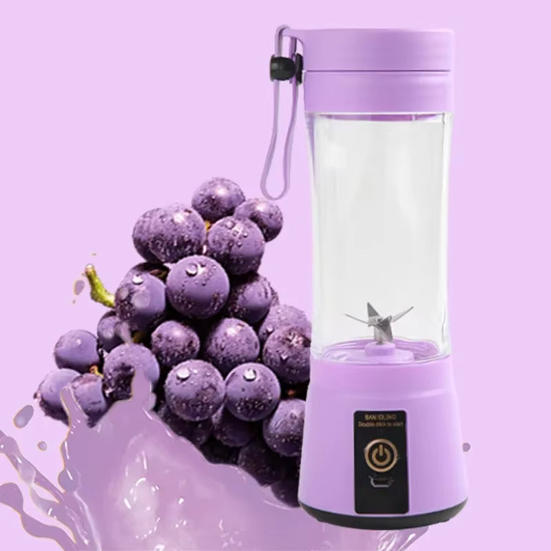 Purple portable blender with grapes on a purple background