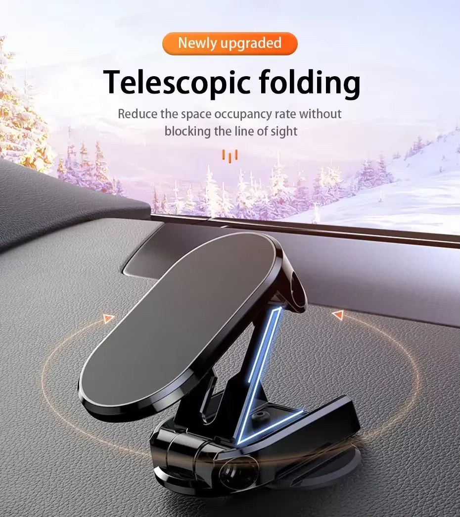 Telescopic folding car phone holder on a car dashboard with scenic background