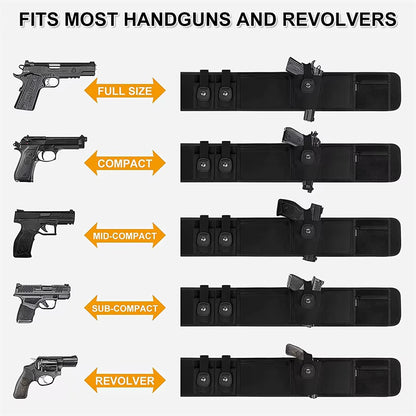 Weapon belt system compatibility with various handgun sizes on a white background