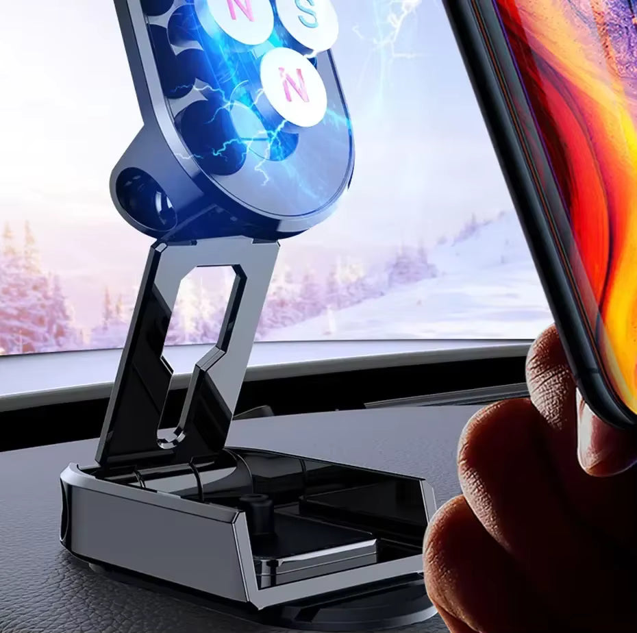 Phone holder on a car dashboard with a snowy landscape in the background