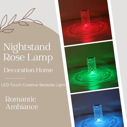 Collage of a nightstand rose lamp in red, green, and blue with text describing its use.