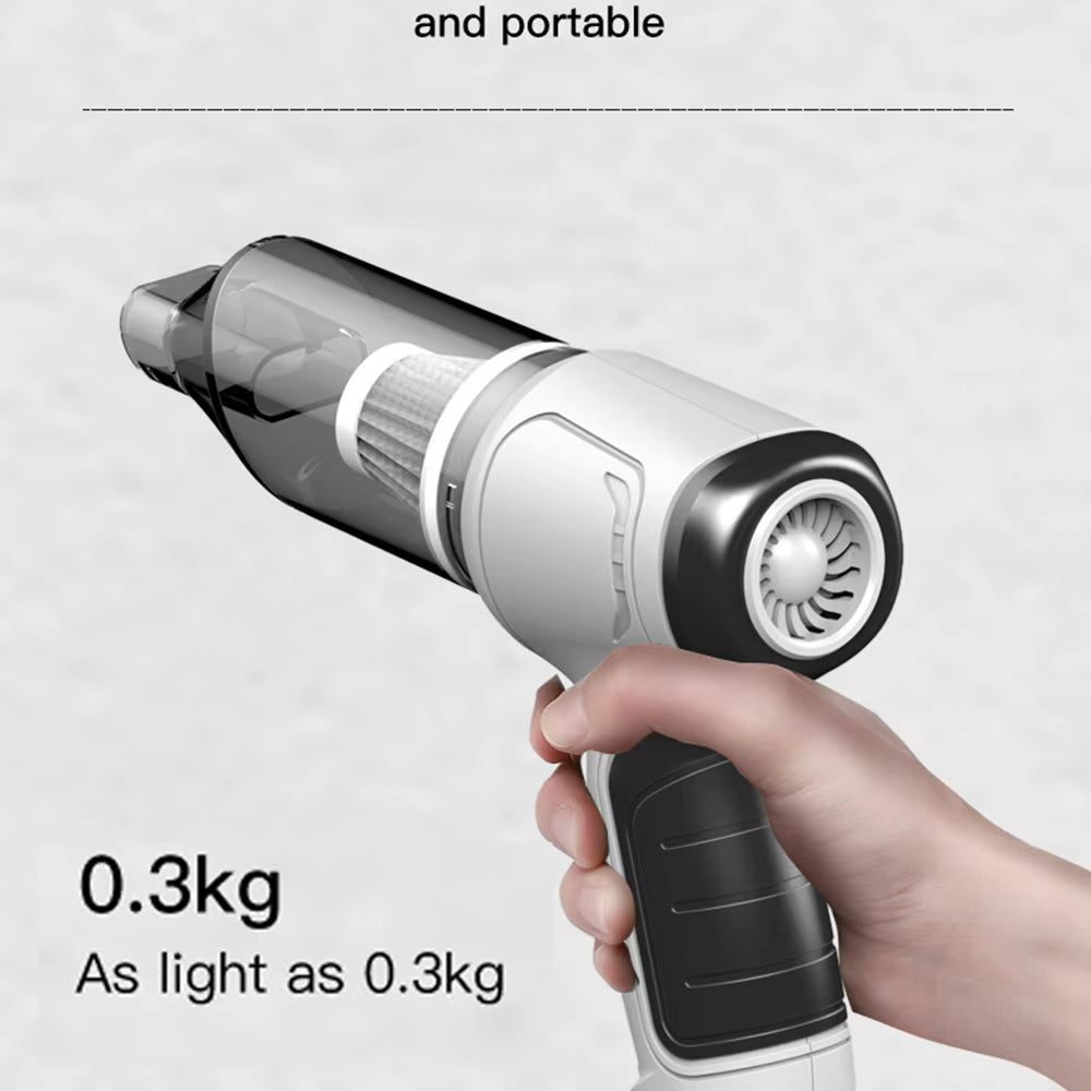 Handheld vacuum cleaner held by a hand with text indicating its light weight.