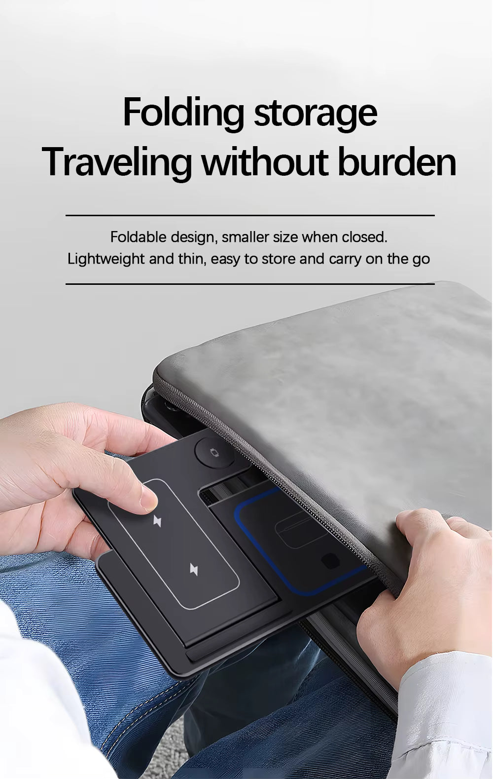 Person opening a compact storage case with electronic devices inside, on a light gray background.