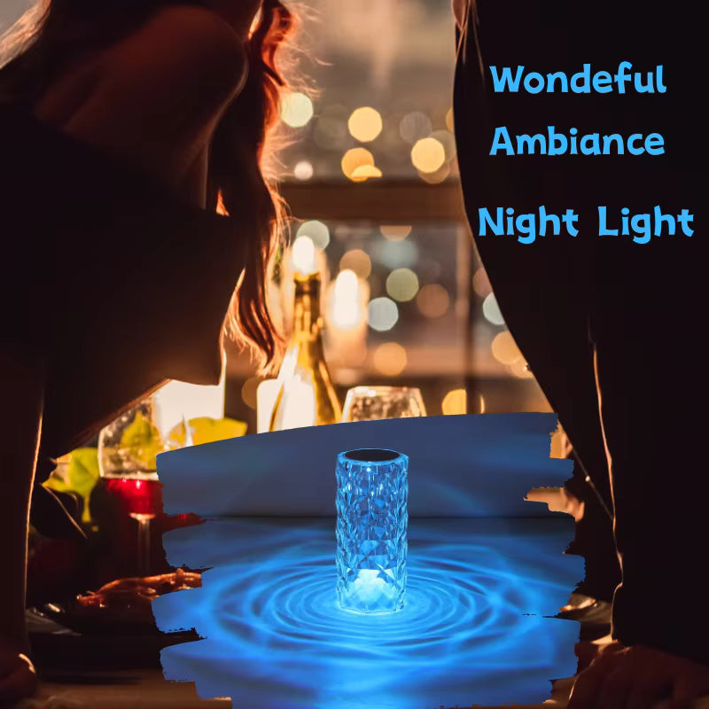 Blue night light on a table with blurred background and 'Wondeful Ambiance Night Light' text.