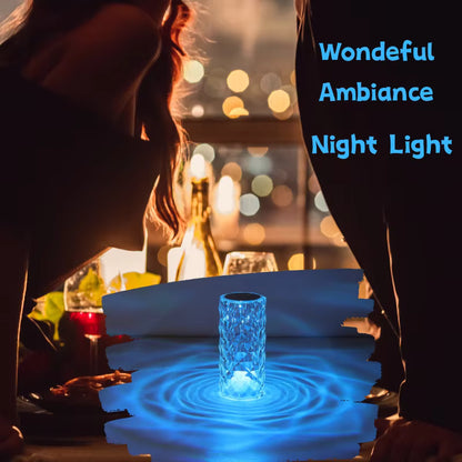 Blue night light on a table with blurred background and 'Wondeful Ambiance Night Light' text.