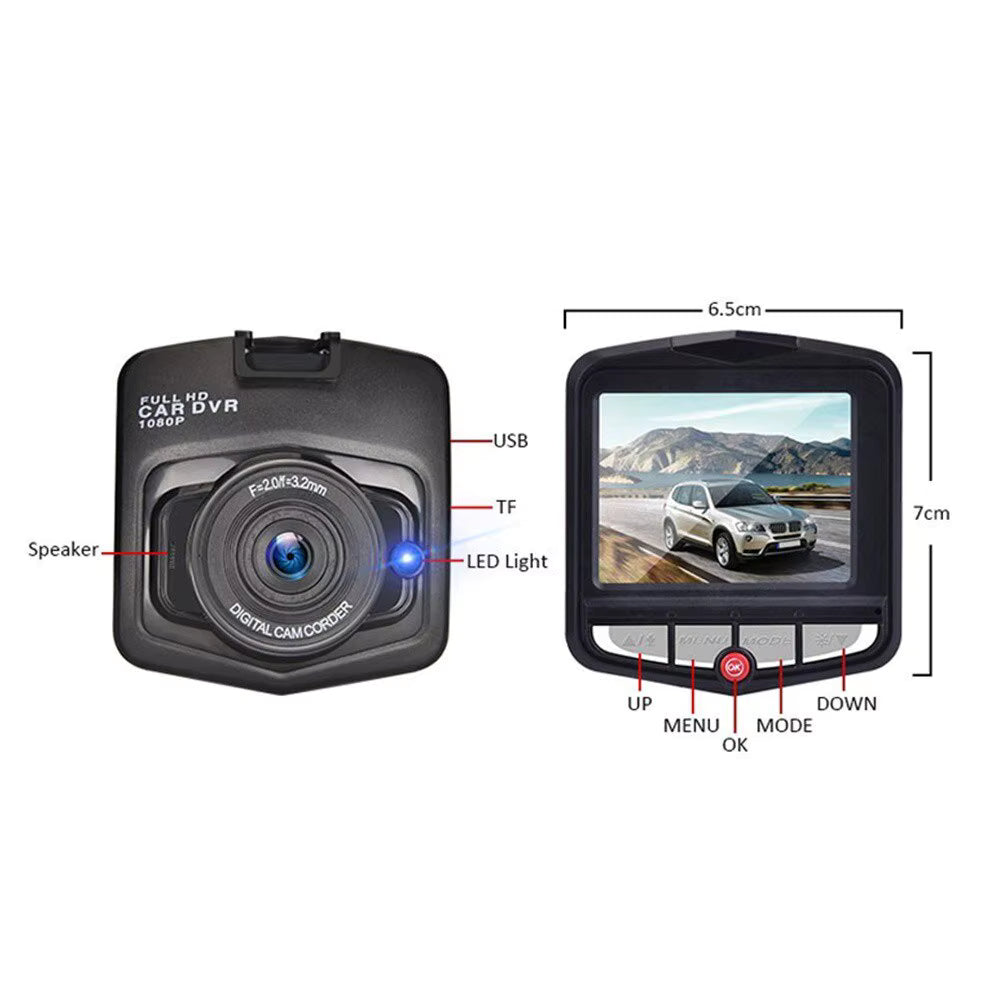 front view of a black dashcam with a screen display