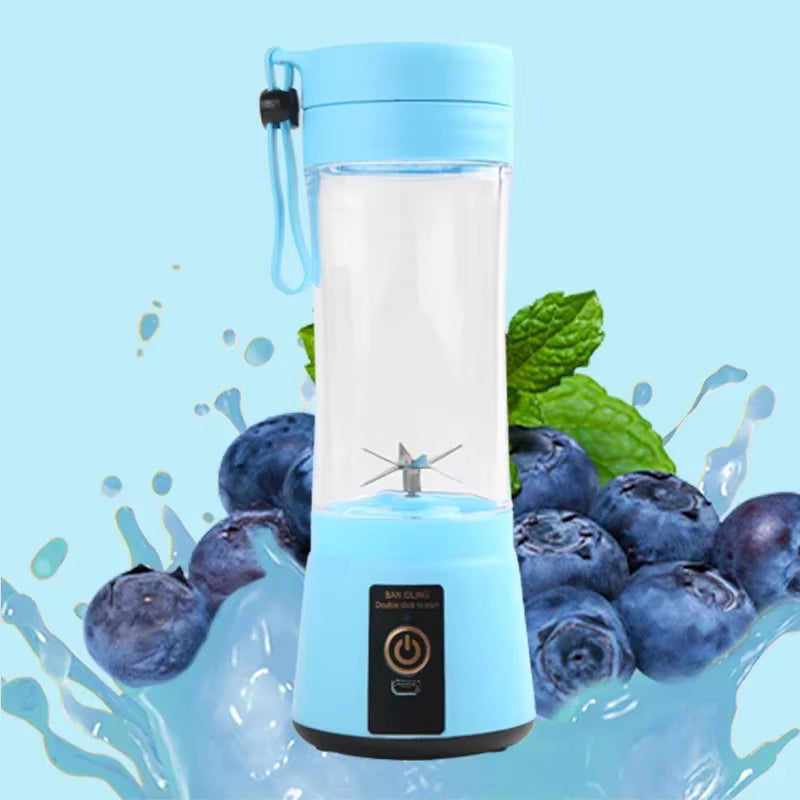 Portable blender with blue accents surrounded by blueberries and mint leaves on a light blue background
