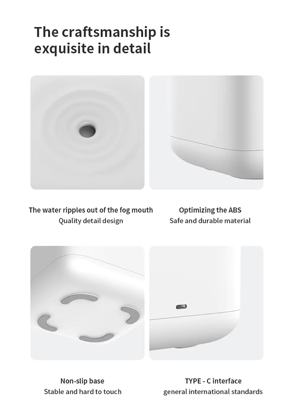 Product features with text highlighting craftsmanship and design details of a humidifier