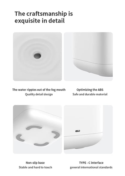 Product features with text highlighting craftsmanship and design details of a humidifier