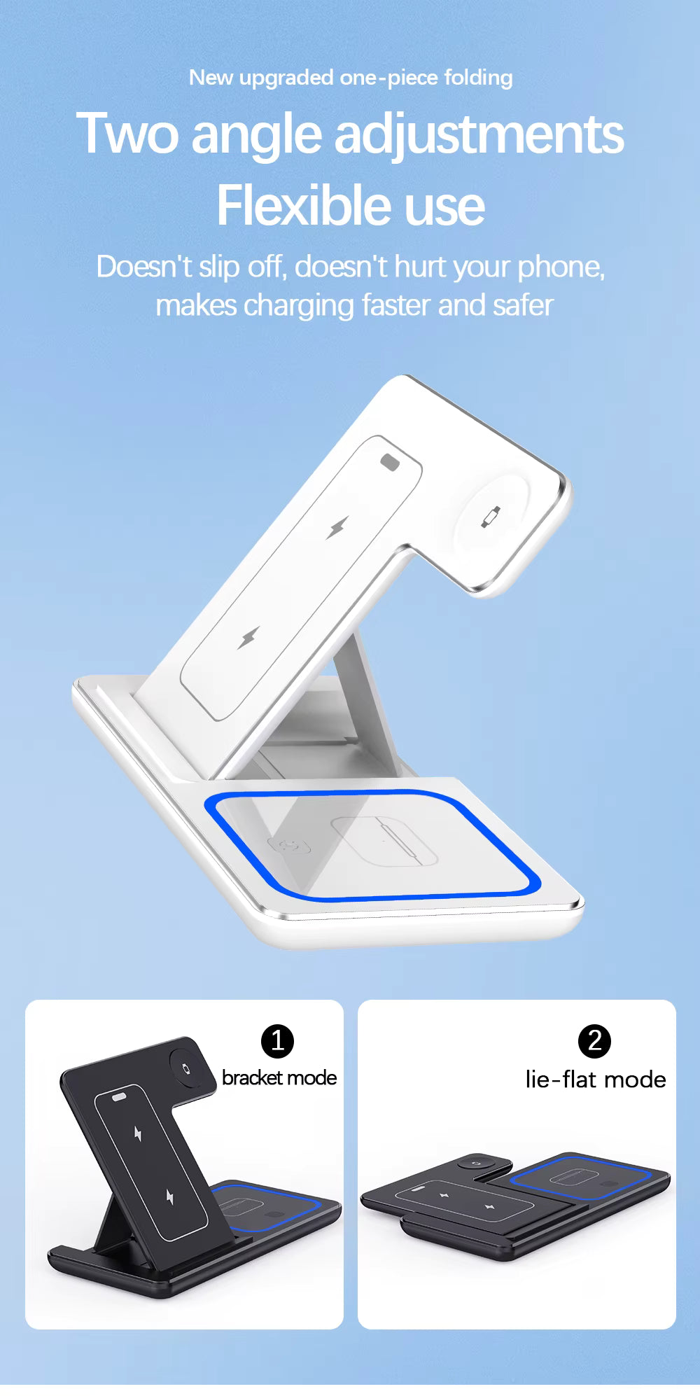 Phone stand with two angle adjustments on a blue background