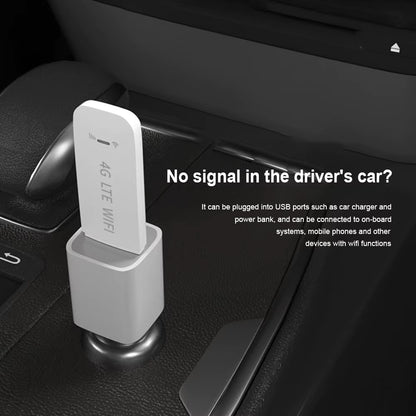 Car-mounted 4G LTE Wi-Fi device on a car dashboard with text about signal issues.