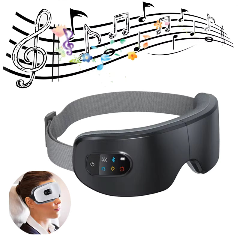 Black eye mask with Bluetooth control panel on a white background, featuring musical notes above it.