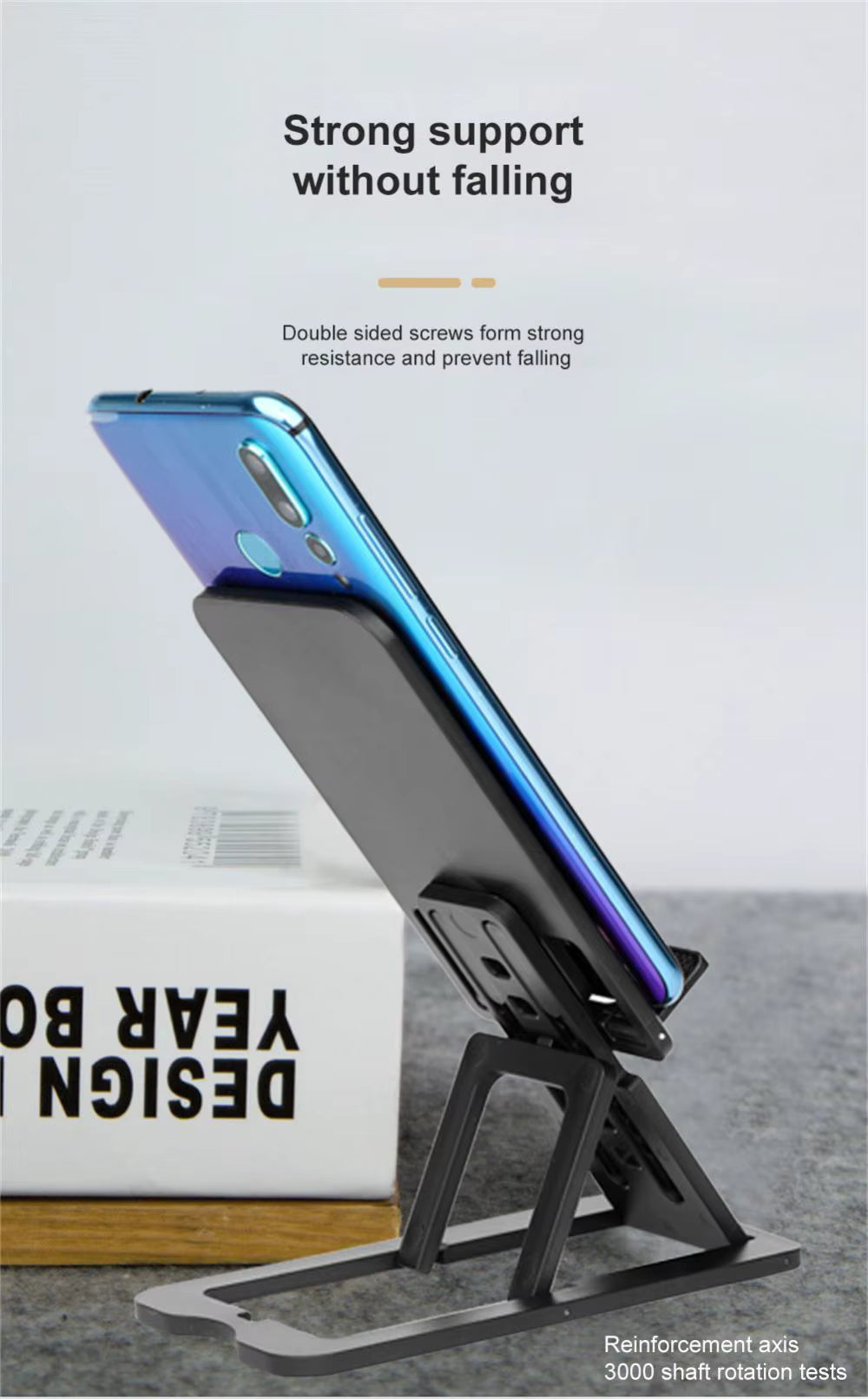 black phone stand with a smart phone mounted on it