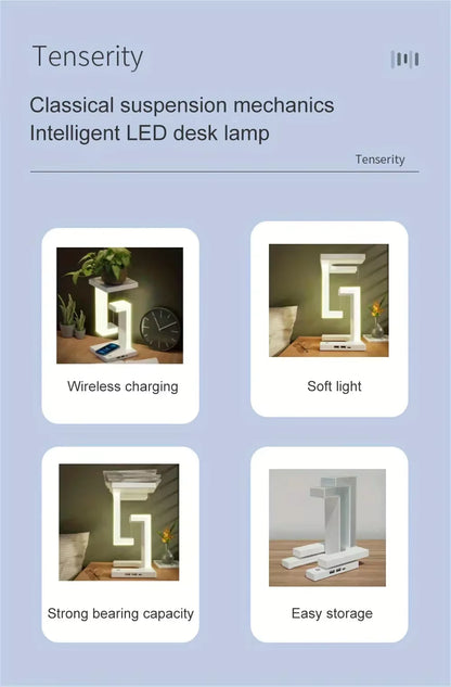 Advertisement for Tenerity LED desk lamp with features listed on a light blue background.