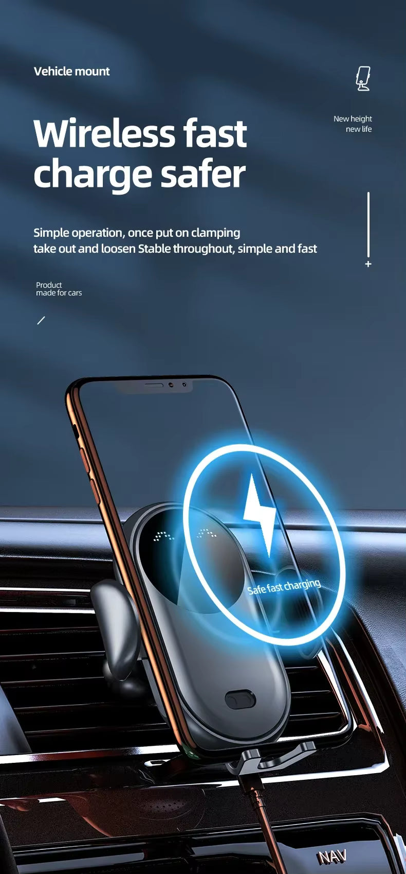 Wireless charging device in a car mount with text on a dark blue background