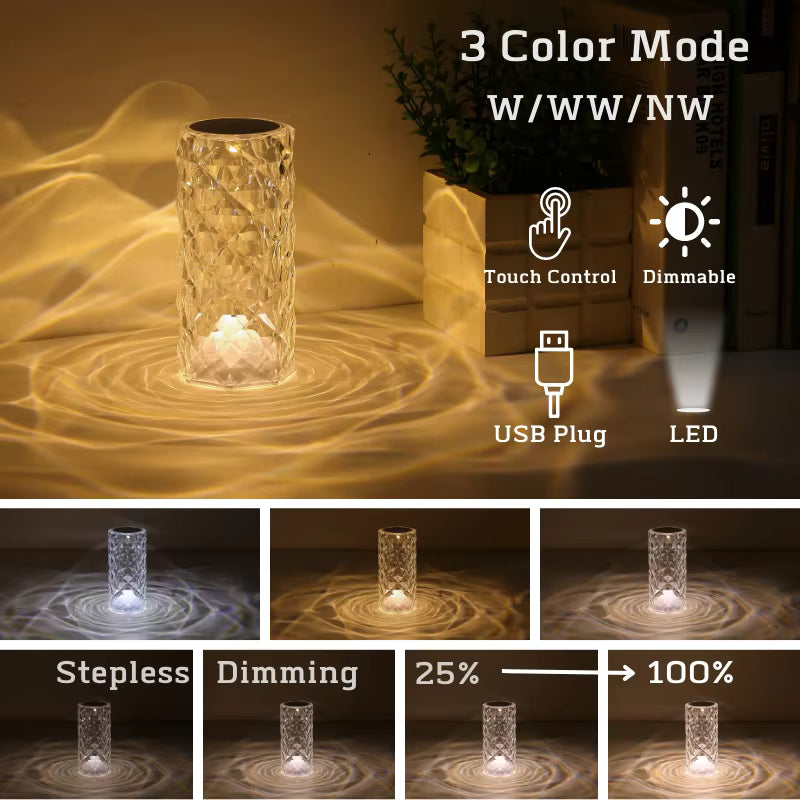 Decorative lamp with 3 color modes, touch control, dimmable, USB plug, and LED light.