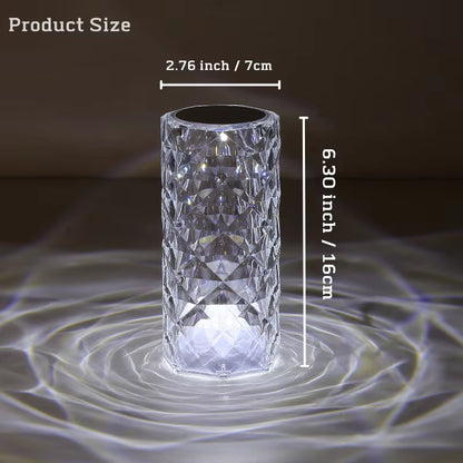 Crystal vase with measurements on a dark background
