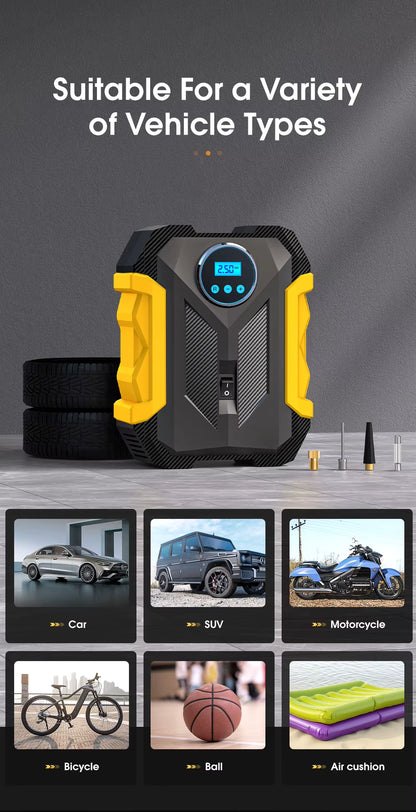 Portable air compressor with tire and images of vehicles it can be used on.
