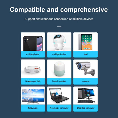 Various electronic devices including a mobile phone, intelligent robot, iPad, sweeping robot, smart speaker, camera, television, notebook computer, and desktop computer on a blue background.