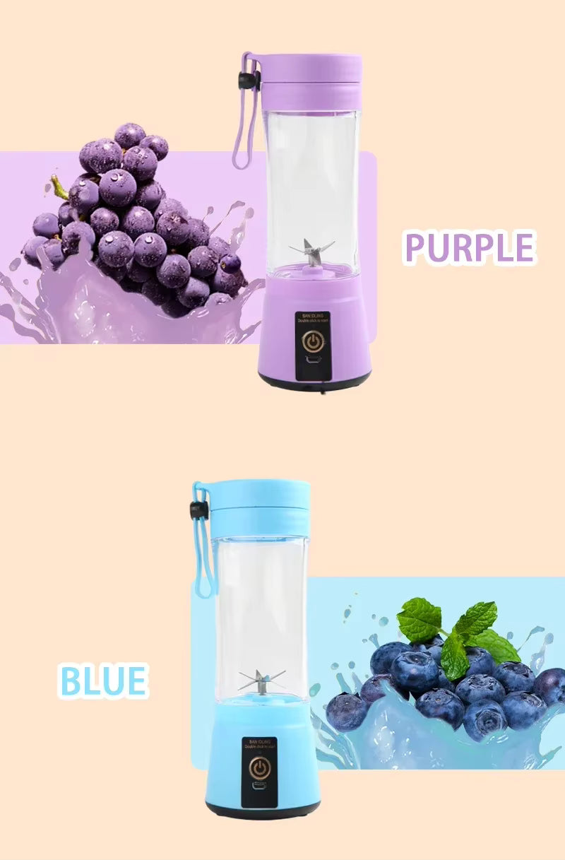 Purple and blue portable blenders with grapes and blueberries on a beige background