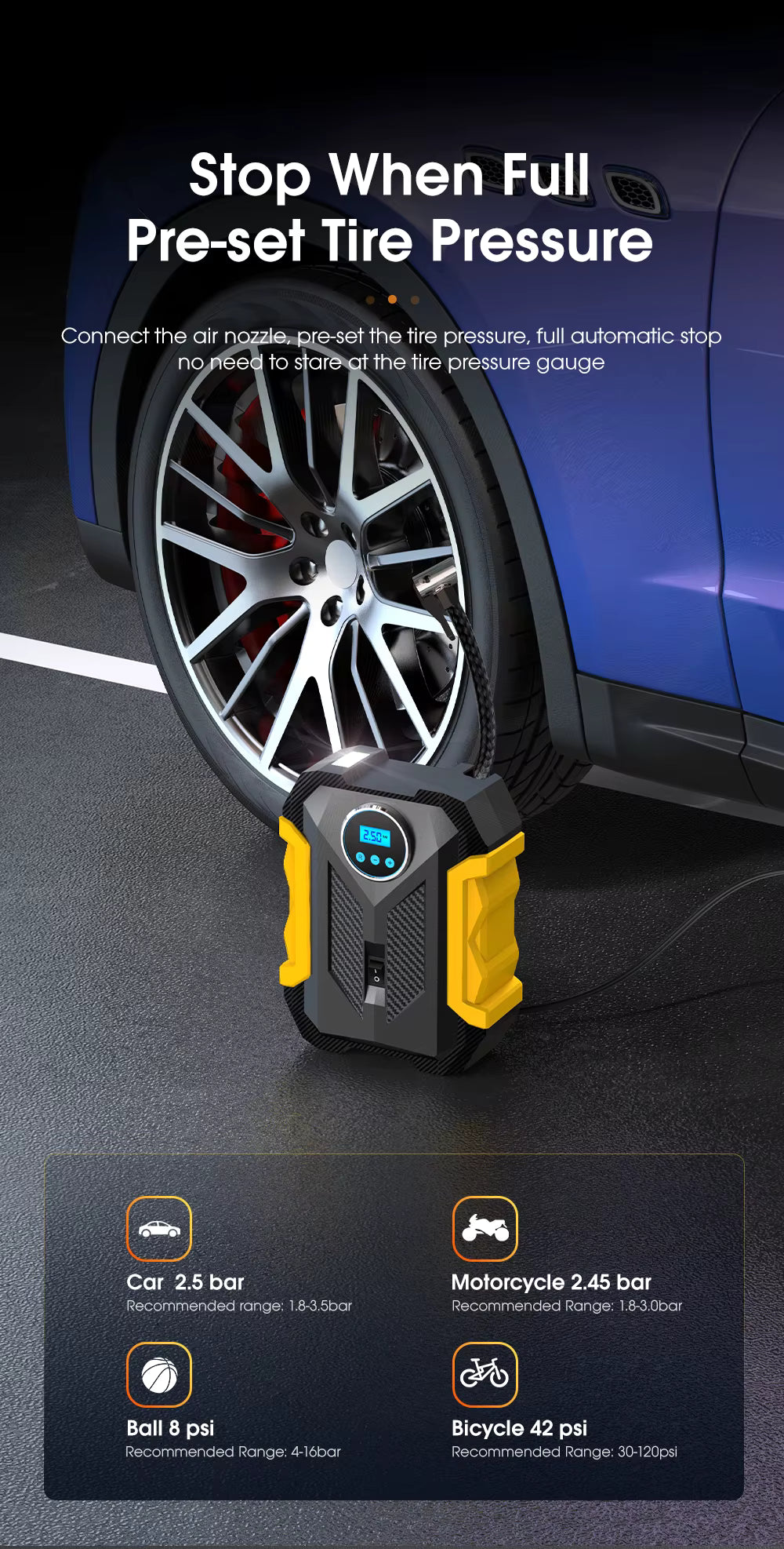 Car tire inflator with digital display on a car wheel, showing tire pressure settings.