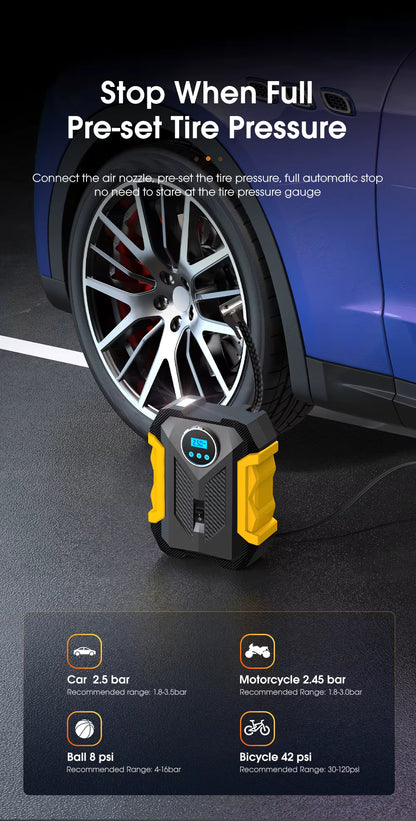 Car tire inflator with digital display on a car wheel, showing tire pressure settings.