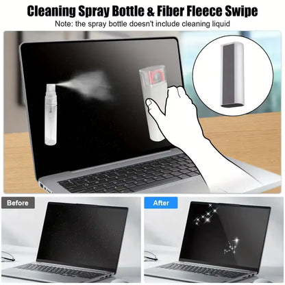 Cleaning spray bottle and fiber fleece swipe for laptop screen cleaning with before and after results.