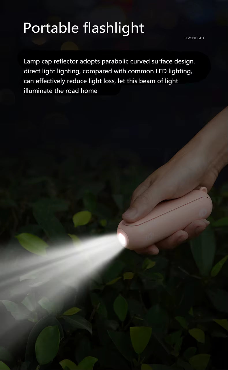 Hand holding a portable flashlight with text about its features.