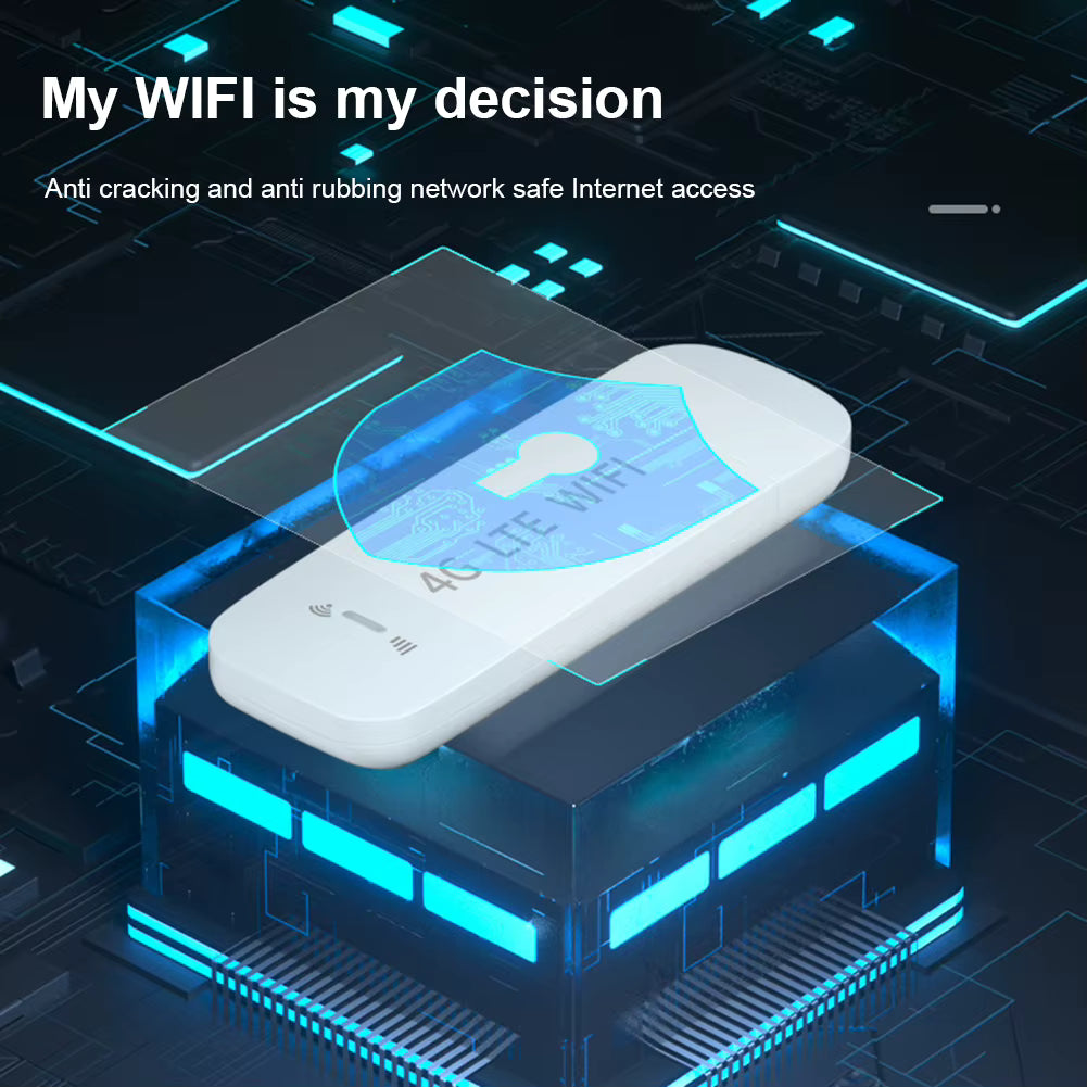 Wireless router with 'My WIFI is my decision' text on a digital background